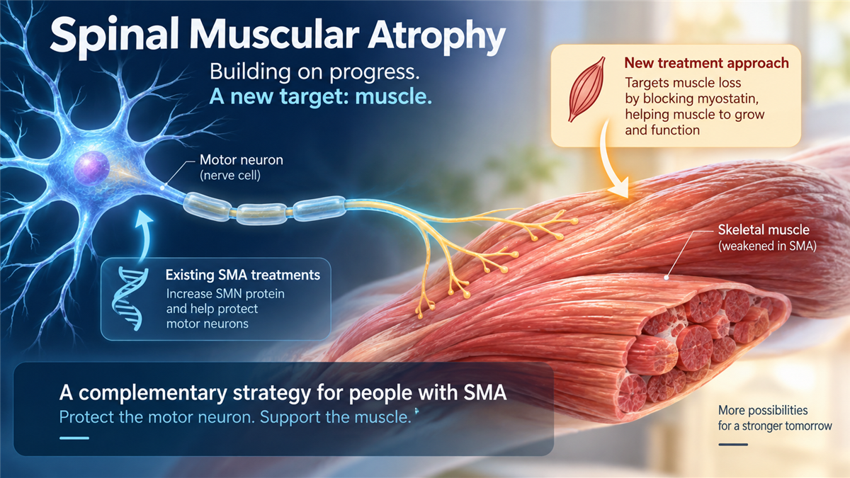 Medical illustration showing a motor neuron connected to skeletal muscle, representing a new SMA treatment strategy that targets muscle alongside existing neuron-focused therapy.
