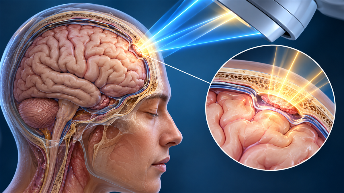 Medical illustration showing the postoperative site of an atypical meningioma with precisely directed radiotherapy beams targeting the area around the previous tumour.