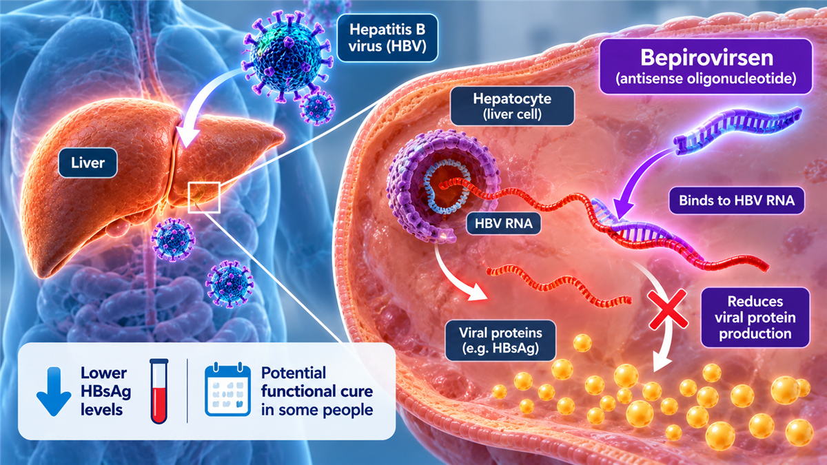 Medical illustration of investigational bepirovirsen targeting hepatitis B virus RNA