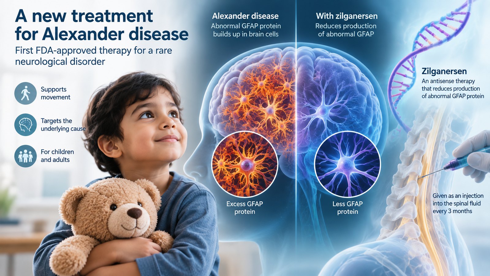 Conceptual medical illustration of Alexander disease, abnormal GFAP protein and reduced GFAP after zilganersen treatment