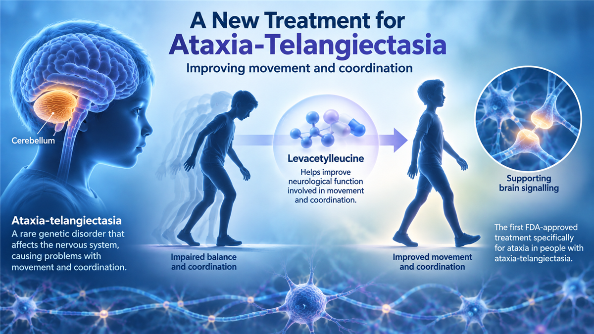 Medical illustration showing the cerebellum and movement-coordination pathways in ataxia-telangiectasia with a treatment concept representing improved ataxia.