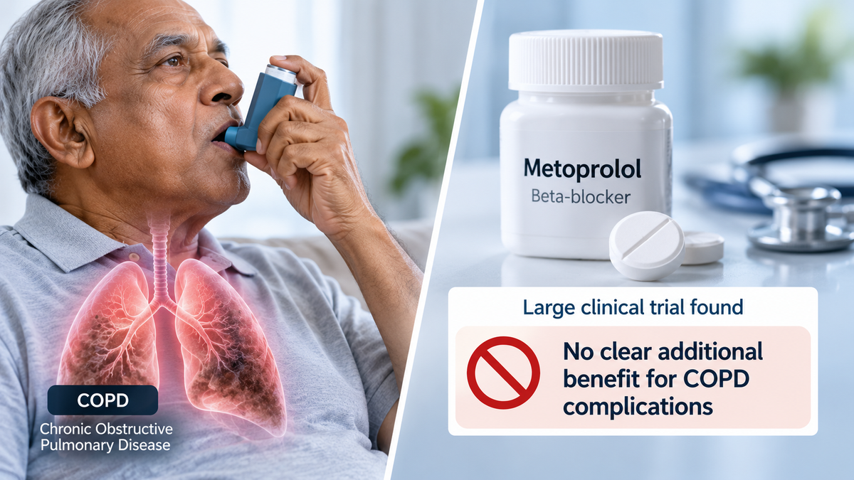 COPD patient with inhaler and metoprolol tablet concept showing no clear added preventive benefit
