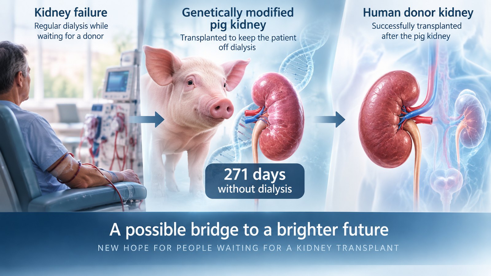 Conceptual medical illustration showing kidney failure, a genetically modified pig kidney bridge and later human donor kidney transplant
