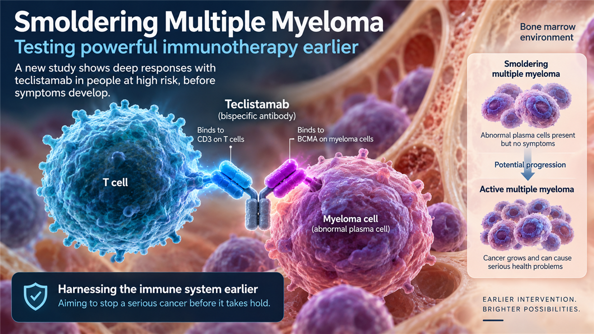 Illustration of a bispecific antibody linking a T cell to abnormal plasma cells in bone marrow during high-risk smoldering multiple myeloma.