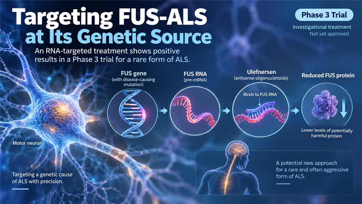 FUS ජානය, FUS RNA, චලන ස්නායුවක් සහ FUS ප්‍රෝටීන් නිෂ්පාදනය අඩු කිරීමට RNA ඉලක්ක කරන ulefnersen antisense ප්‍රතිකාරය පෙන්වන වෛද්‍ය රූපයක්.