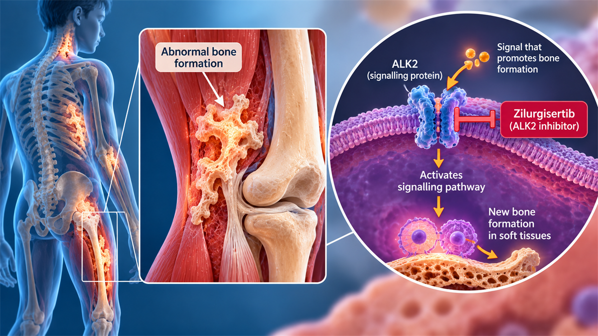 Medical illustration showing abnormal bone forming within soft tissue around a joint in fibrodysplasia ossificans progressiva and conceptual inhibition of the ALK2 pathway.